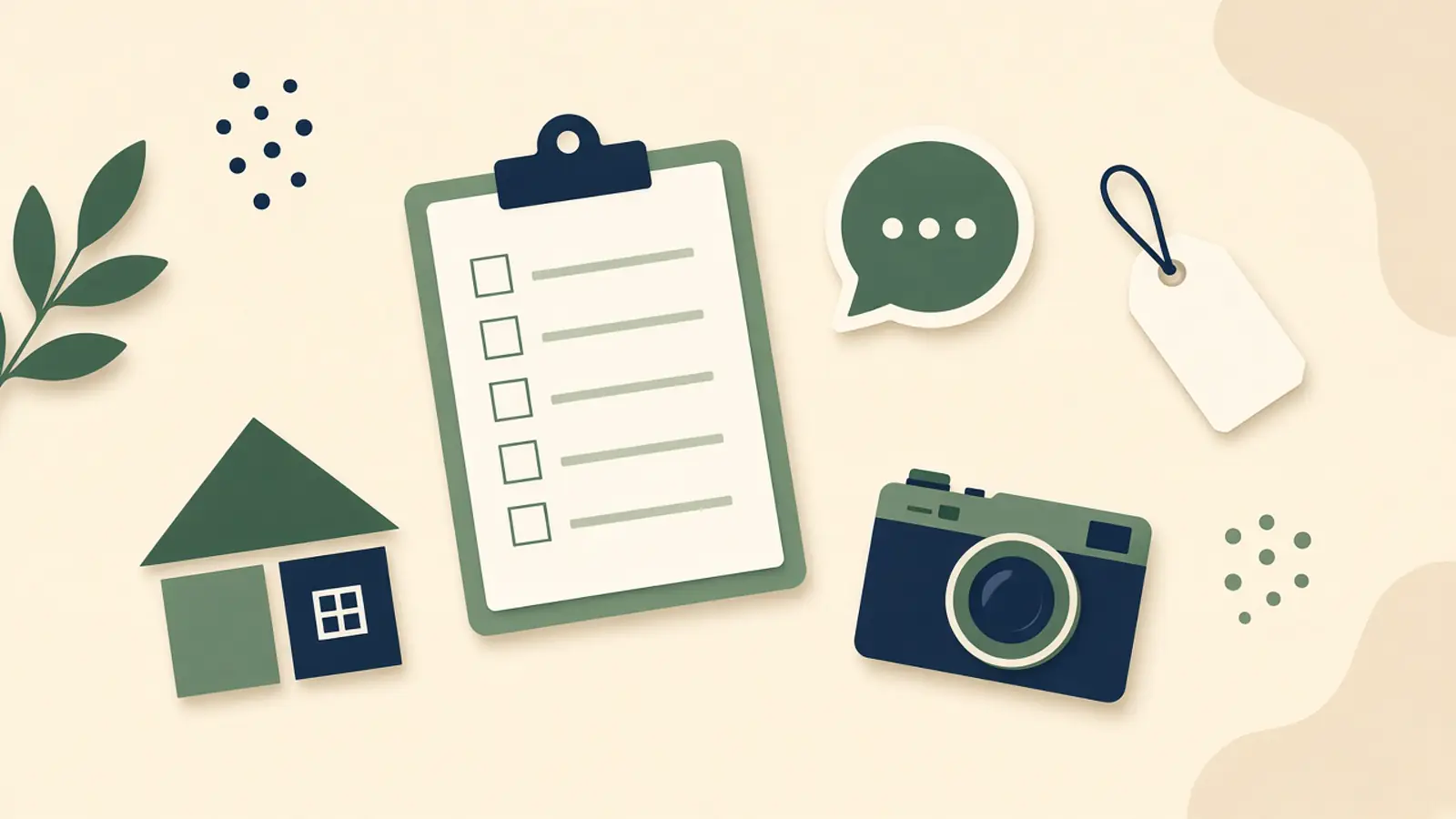 Illustration of a generic desk with a checklist, a message card, a price tag, and a camera, not a real listing