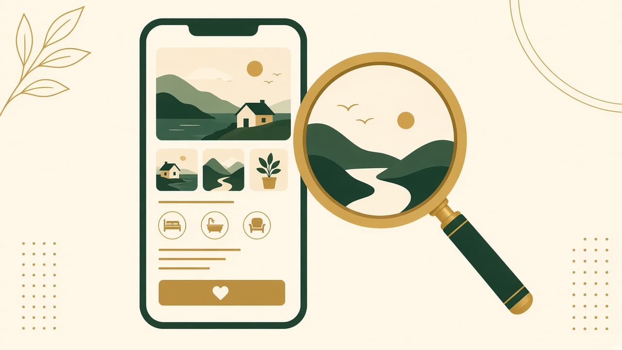 AI-generated illustration of a smartphone showing a vacation rental booking page next to a magnifying glass