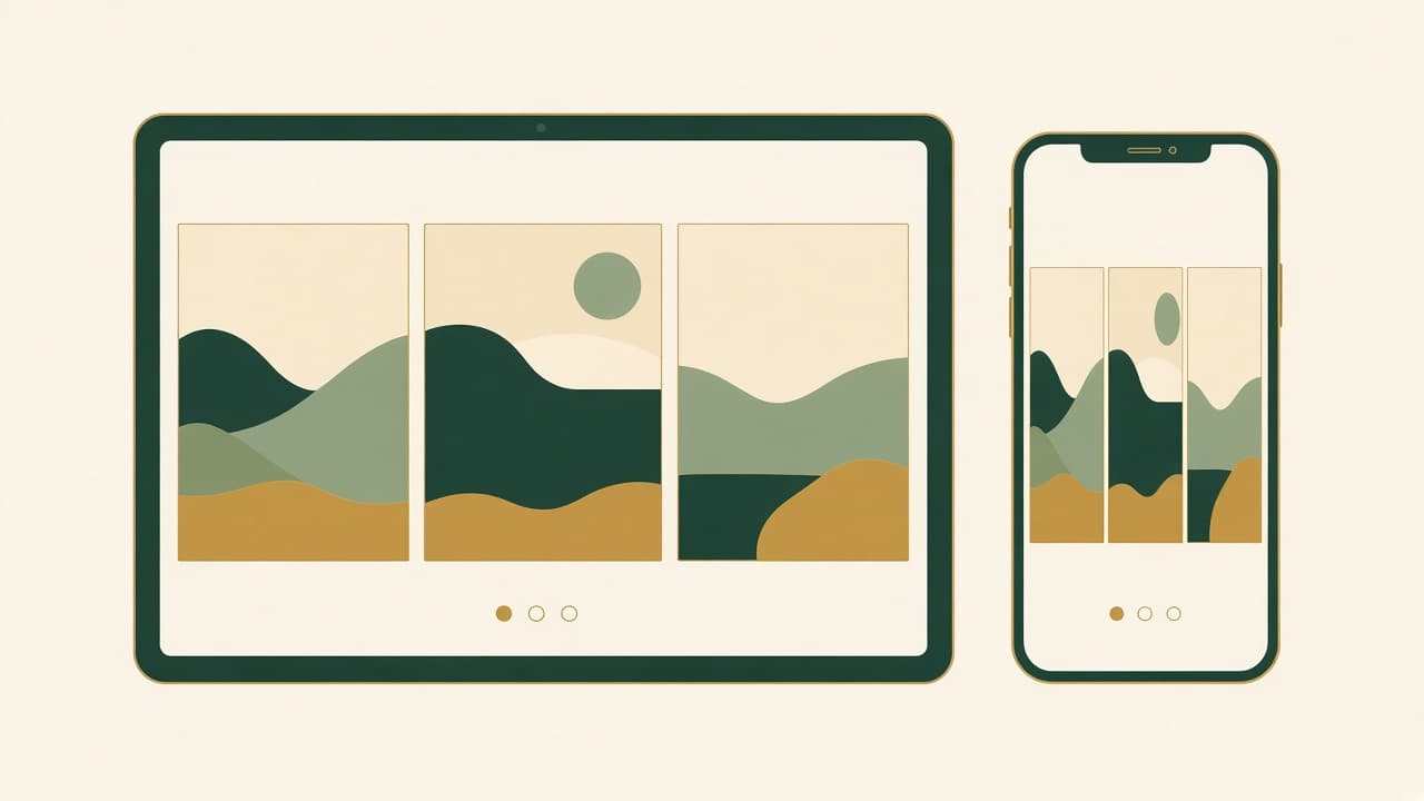 AI-generated illustration of a vacation rental homepage with a hero photo slideshow shown on a tablet and phone