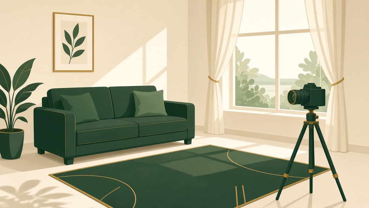AI-generated illustration of a bright vacation rental living room being photographed with a camera on a tripod