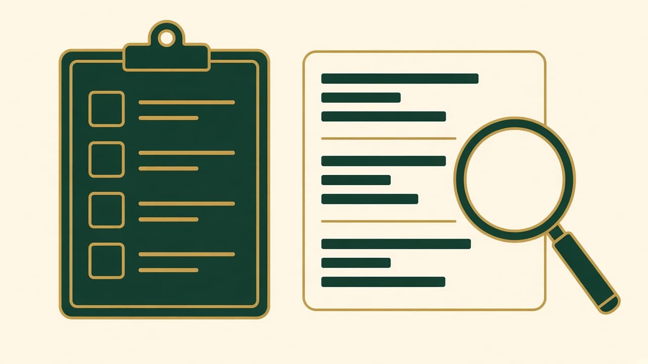 AI-generated illustration of a checklist clipboard next to a magnifying glass over a search results page