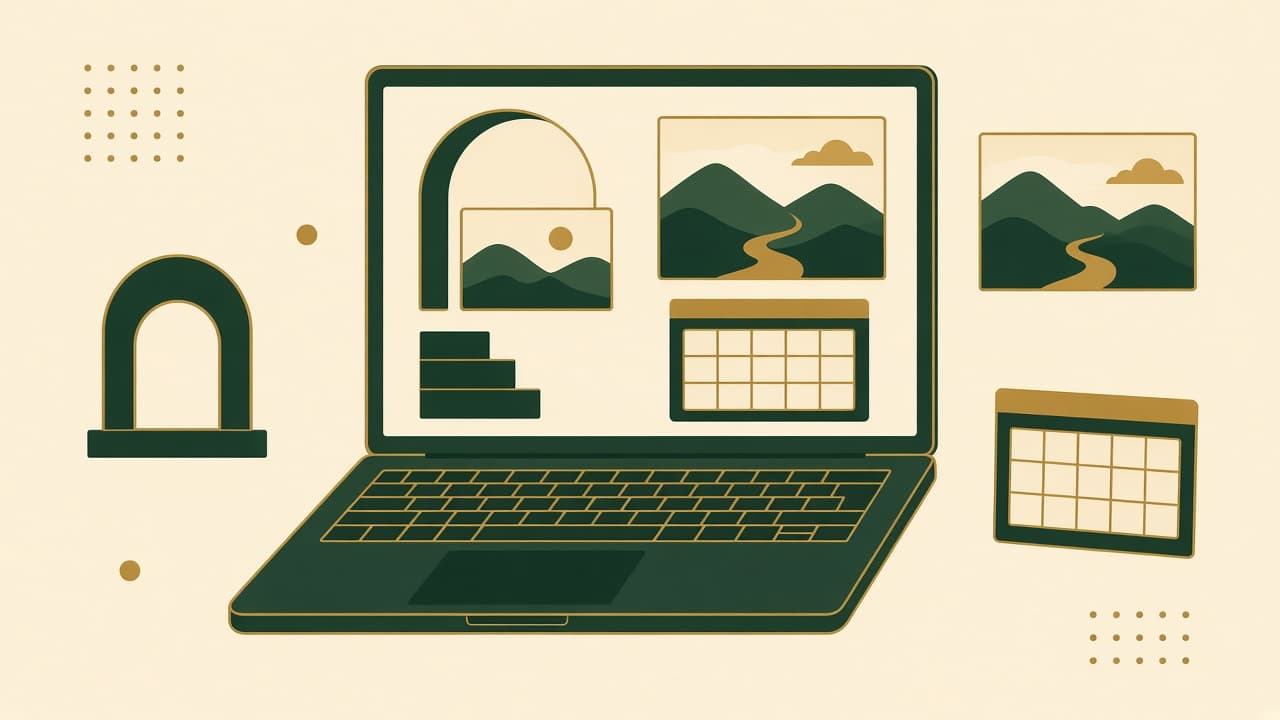 AI-generated illustration of a vacation rental website being assembled from blocks on a laptop screen