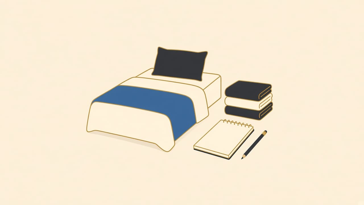 Illustration of a made bed and folded towels beside a pricing notepad